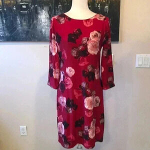 White House Black Market Red Rose Floral Print Dress w/Deep V Neck Back-M